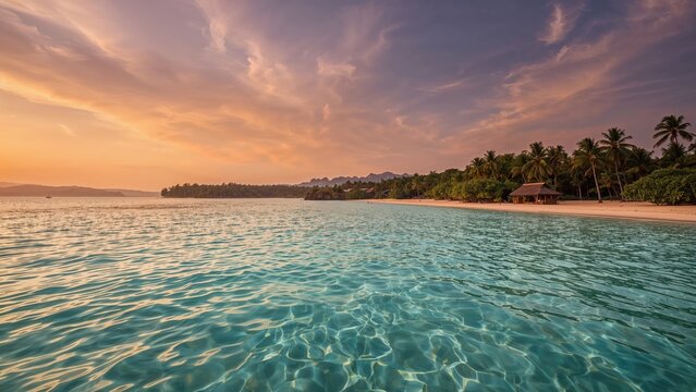 Tropical beach scene at sunset with clear turquoise water, sandy shore, and palm trees, creating a serene and picturesque coastal landscape. - Powered by Adobe