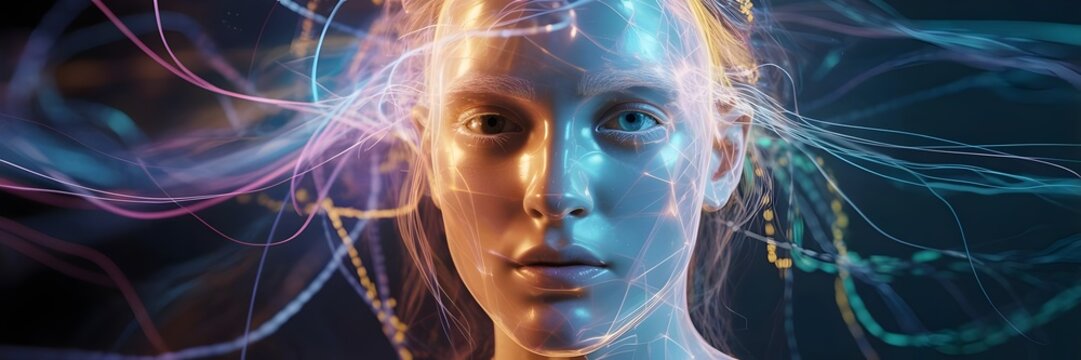 Ethereal face emerging from intricate emotional light network – Futuristic digital portrait. - Powered by Adobe