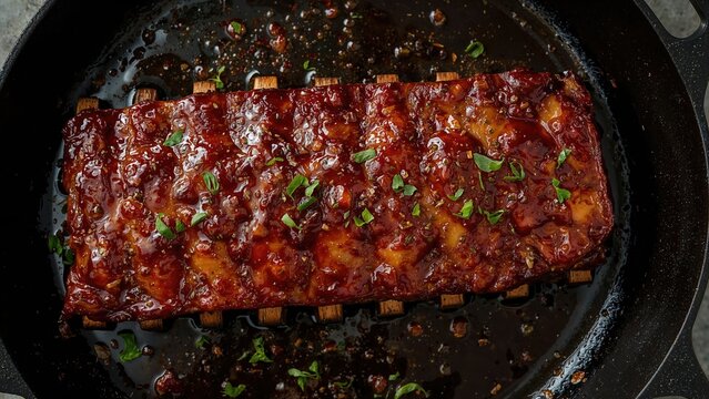 Barbecue pork ribs in a skillet with glaze and chopped green onions.