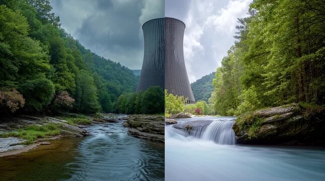 Conceptual split-screen image comparing an industrial cooling tower on the left with a natural waterfall and river on the right, symbolizing parallels between engineered cooling systems and nature&rsquo;s o