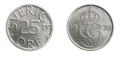 Sweden twenty five ore coin on a white isolated background