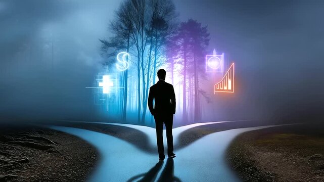 A lone person standing at a branching path inside a surreal, foggy forest. Each path glows with a different abstract symbol (data, finance, health). Choice, uncertainty.