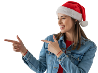 Woman wearing a Santa hat pointing to the side on a white background.