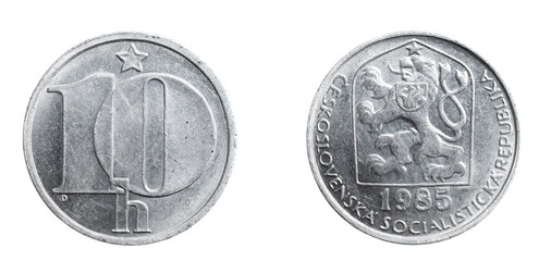Czechoslovakia ten hellers coin on white isolated background