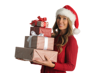 Woman wearing a Santa hat holds a stack of Christmas gifts against a white background.