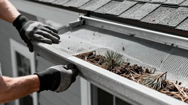 Medium shot capturing installation of a screentype gutter cover highlighting the fine mesh that filters out small particles and protects gutters from dirt and pine needles.