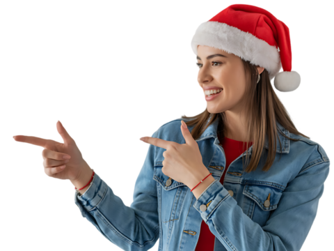 Woman wearing a Santa hat pointing to the side on a white background.