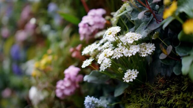 Medium shot focusing on a compact vertical flower garden mounted on a wall highlighting delicate blossoms and intricate plant textures.