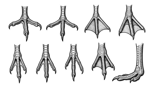 Bird talons and webbed feet collection in detailed black and white line art