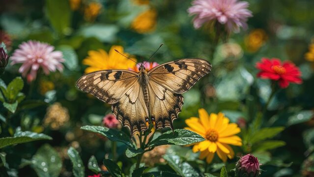 A butterfly perched on a leaf amidst colorful flowers in a garden. - Powered by Adobe