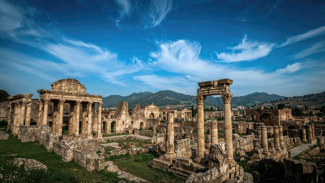 Ancient ruins with stone columns and structures from classical civilization against a mountain landscape and sky.