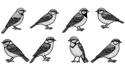 Obraz premium Detailed pen and ink bird variations on white background