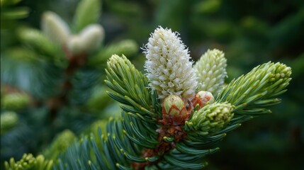 Fototapeta premium Vibrant Spring Growth on Frasier Fir: Nature's New Life Unfolding Among Wildflowers