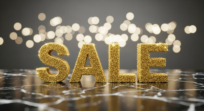 Golden glitter letters spelling SALE on a glossy black marble surface, surrounded by soft bokeh lights, creating a festive atmosphere for Black Friday promotions and discounts