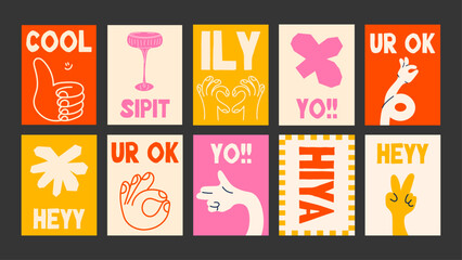 Modern retro posters with bold shapes, funny signs, and simple fruity icons. Clean vector style perfect for home decor, cafe walls, packaging, cards, or uplifting graphic design with a groovy vibe.