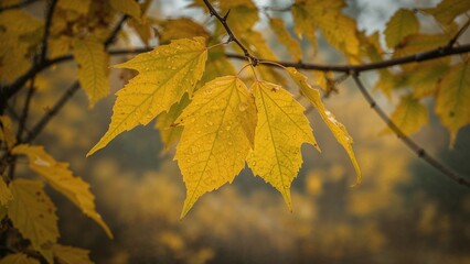 Fototapeta premium Yellow autumn leaves on a branch with a blurred background.