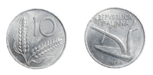 Italy ten lira coin on a white isolated background