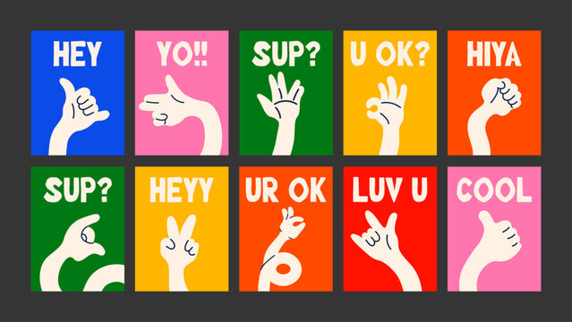 Funky hand-gesture poster set with quirky quotes in bold doodle style, great for colorful interiors, retro wall art and fun expressive prints.