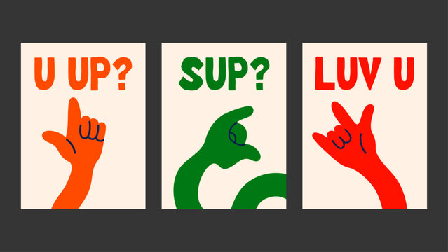 Minimal yet funky gesture poster set with groovy colors, witty captions and hand-drawn doodles — perfect for trendy wall decor and print bundles.
