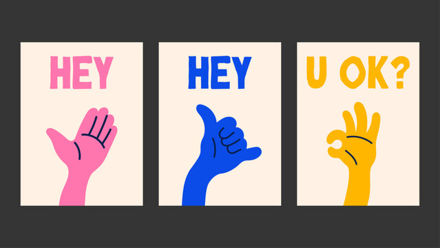 Playful hand-gesture posters featuring quirky captions in bold doodle style, great for colorful wall art, funky decor and modern design projects.