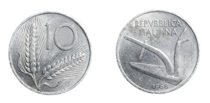 Italy ten lira coin on a white isolated background