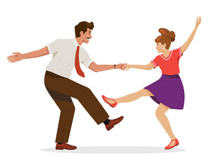 Vintage Couple Dancing Lindy Hop Swing Dance - Retro 1950s Rockabilly Vector Illustration on Transparent Background