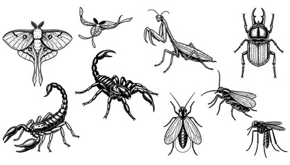 Naklejka premium Detailed black and white insects and arachnids with intricate designs