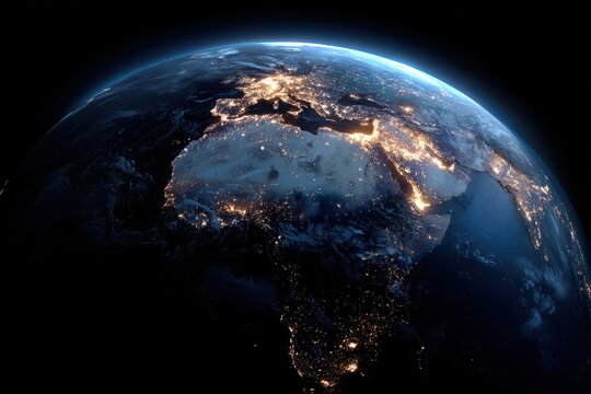 Starlit Nightscape Over EMEA: Illuminated Cities and Cloud-Covered Horizons