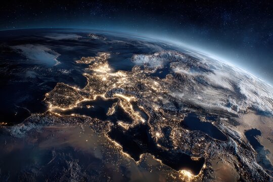 Starry Night Over EMEA: A Captivating Urban Skyline with Clouds Embracing the European Continent