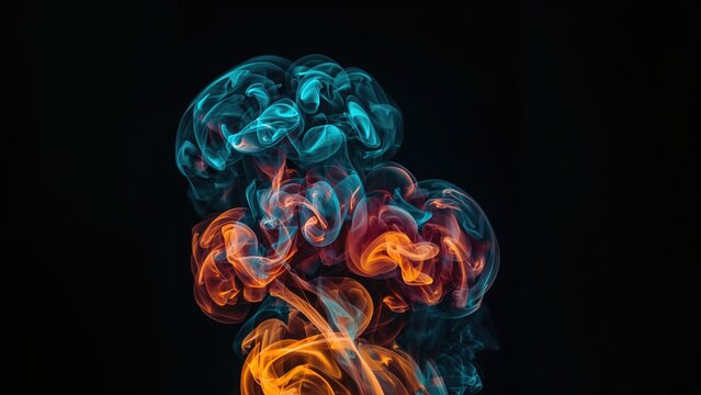 Colorful smoke representing brain activity or thoughts, with vibrant blue, orange, and red hues against a dark background.
