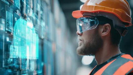 Engineer interacting with futuristic digital interface in a modern industrial setting - Powered by Adobe