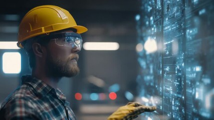 Engineer interacting with futuristic digital interface in a modern industrial setting - Powered by Adobe