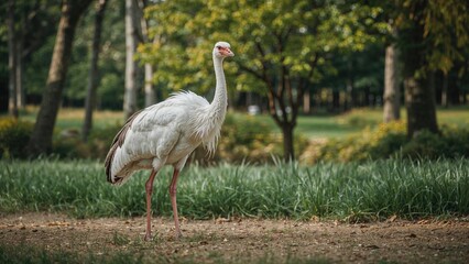 Fototapeta premium A large bird with long legs standing on the ground in a park with trees and grass in the background.