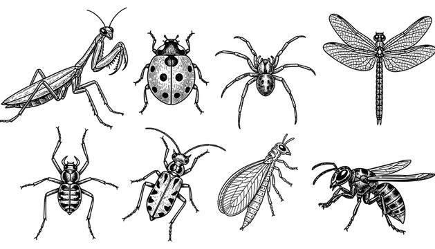 Intricate hand drawn insects collection featuring mantis, ladybug, spider, dragonfly, and more