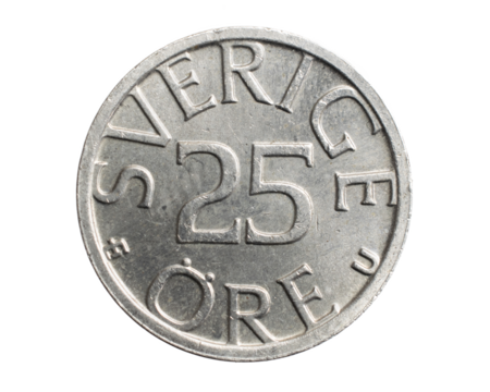 Sweden twenty five ore coin on a white isolated background