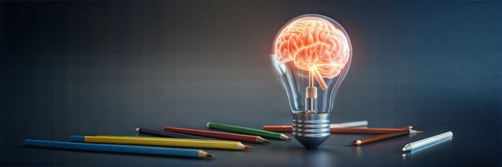 Idea light bulb with glowing brain and pencils