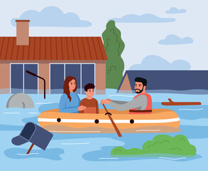 Vector illustration of natural disaster, flood. Cartoon scene of a sad family: man in protective vest, woman, son sitting in inflatable boat, rowing, flooded houses, trees, mailbox, street lamp.