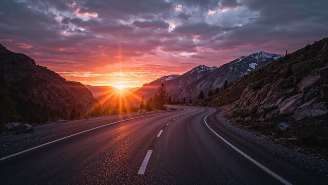 Sunset over winding mountain road with snow-capped peaks and cloudy sky.