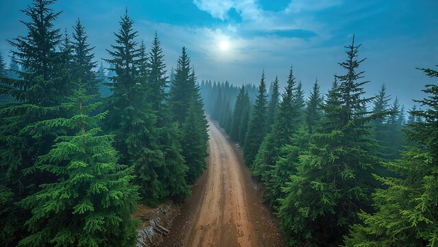 Dense forest landscape with tall evergreen trees along a dirt road during misty weather.