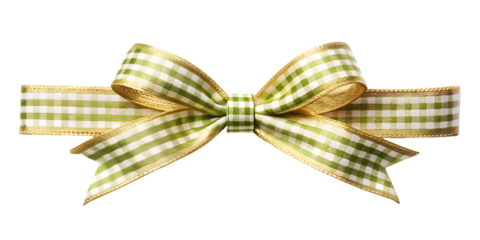 Green and gold plaid ribbon bow isolated on transparent background