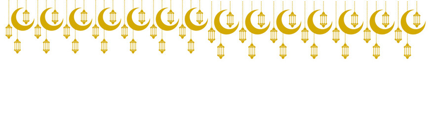PNG image of Golden crescent moons and lanterns hang against a creating a festive ramadan kareem or eid mubarak design perfect for greetings and decorations on transparent background © rehena