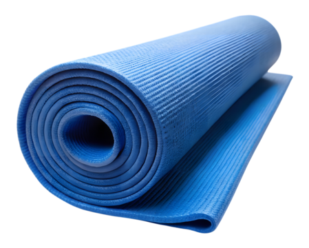 Blue yoga mat rolled up isolated on transparent background