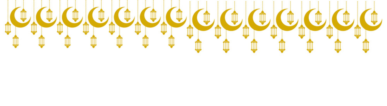 PNG image of&nbsp;Golden crescent moons and lanterns hang against a creating a festive ramadan kareem or eid mubarak design perfect for greetings and decorations on transparent background