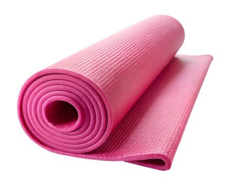 Rolled pink yoga mat isolated on transparent background