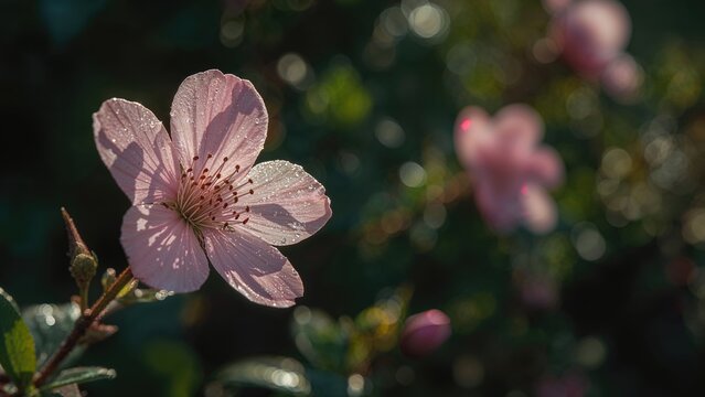 Pink flower with dew drops and blurred pink blossoms in the background. Nature and floral scene. Close-up of blooming plant. - Powered by Adobe