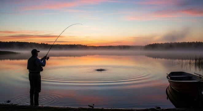 Angler casts a fly fishing line across a misty lake at sunrise hour - Powered by Adobe