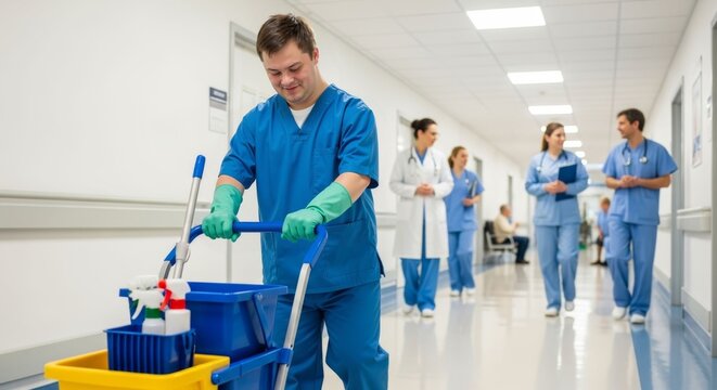Attentive hospital cleaner pushing cleaning equipment along a corridor