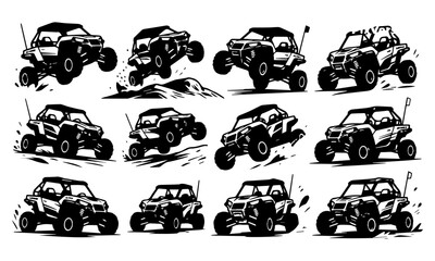 High-Impact Off-Road UTV Buggy Vector Silhouette Set   Extreme Jump, Drift & Racing Side-by-Side Illustrations   Adventure Motorsport Clipart Pack for Stickers, Decals, Merch & Digital Design © Grapixtar