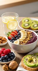 Delicious and colourful acai bowl with fresh fruits and healthy ingredients