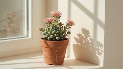 Fototapeta premium A potted succulent plant on a windowsill with sunlight casting a shadow.